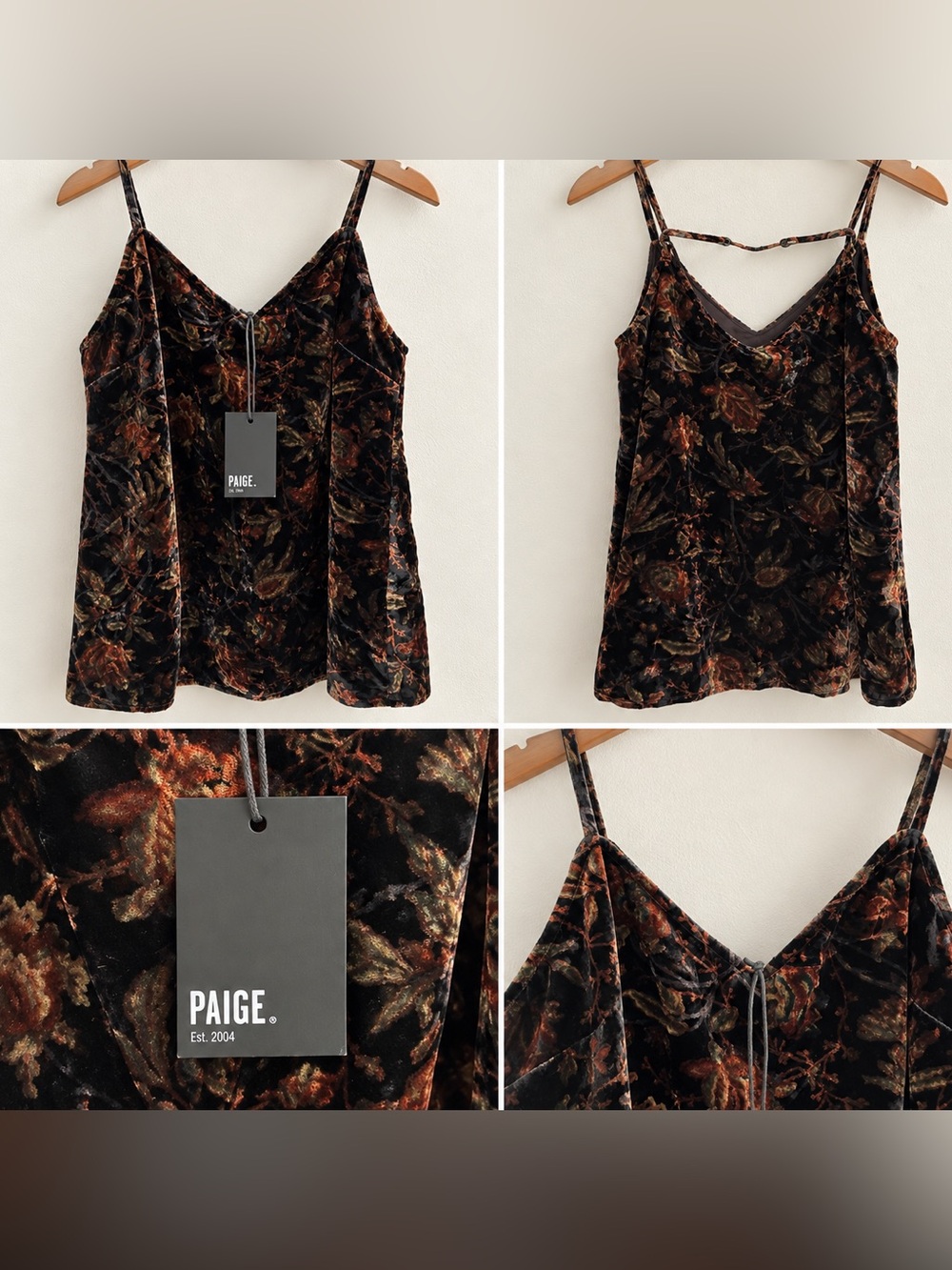 PAIGE Black Floral Velvet Cami with Rust and Olive Accents